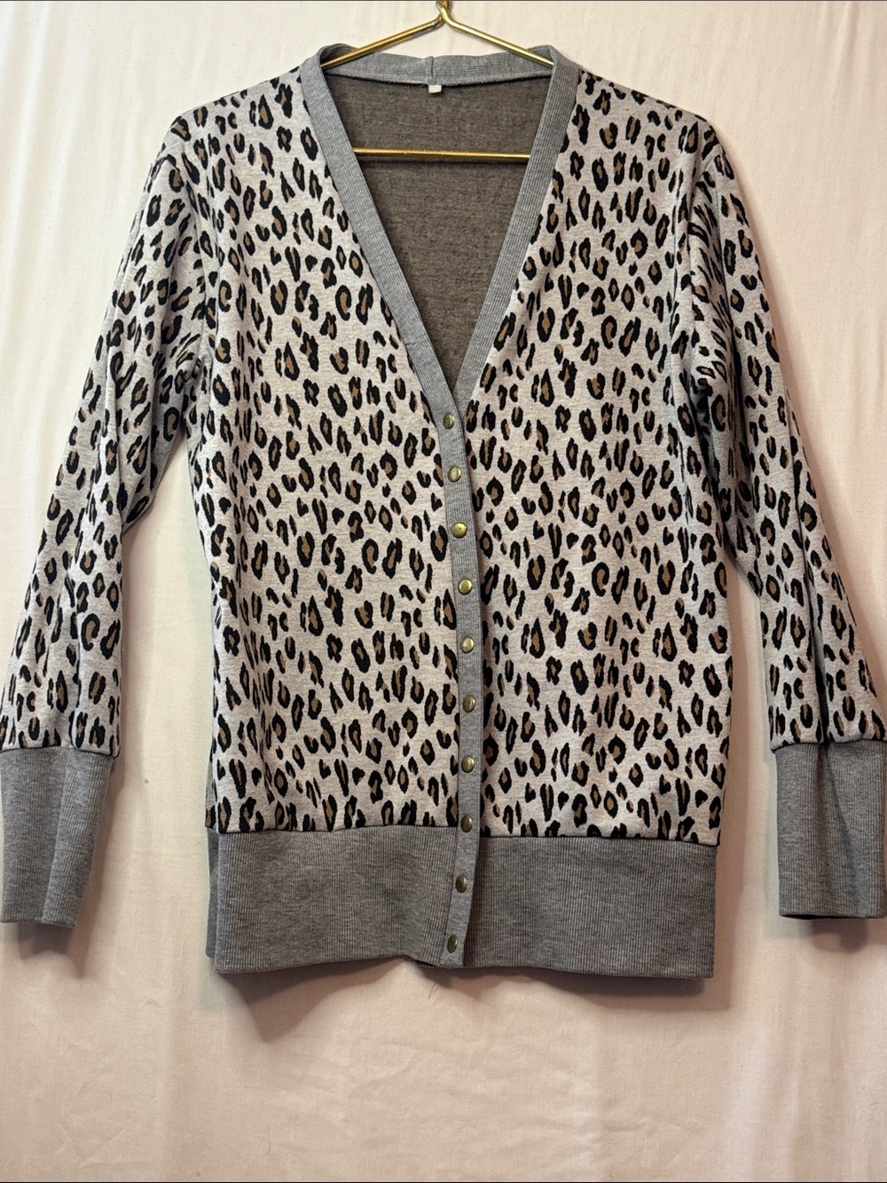 Gray Leopard-Print Button Cardigan Sweater